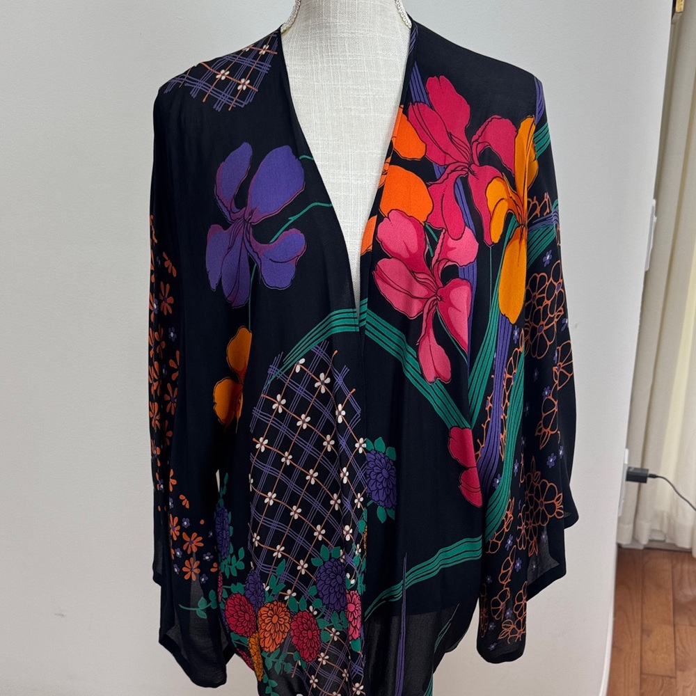 Black Floral Print Tunic Top with Pink, Orange & Purple Accents